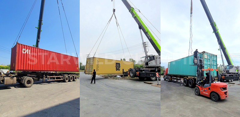 This three-part image showing heavy cranes and forklifts loading various shipping containers onto trucks for glamping project delivery.