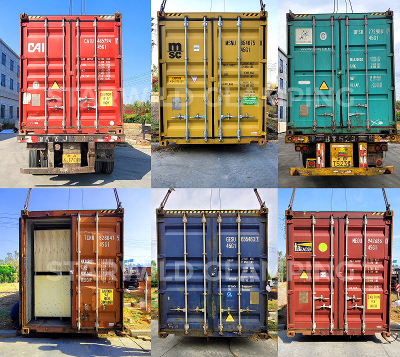 Six assorted international 40ft shipping containers, packed and ready for glamping tent project delivery.